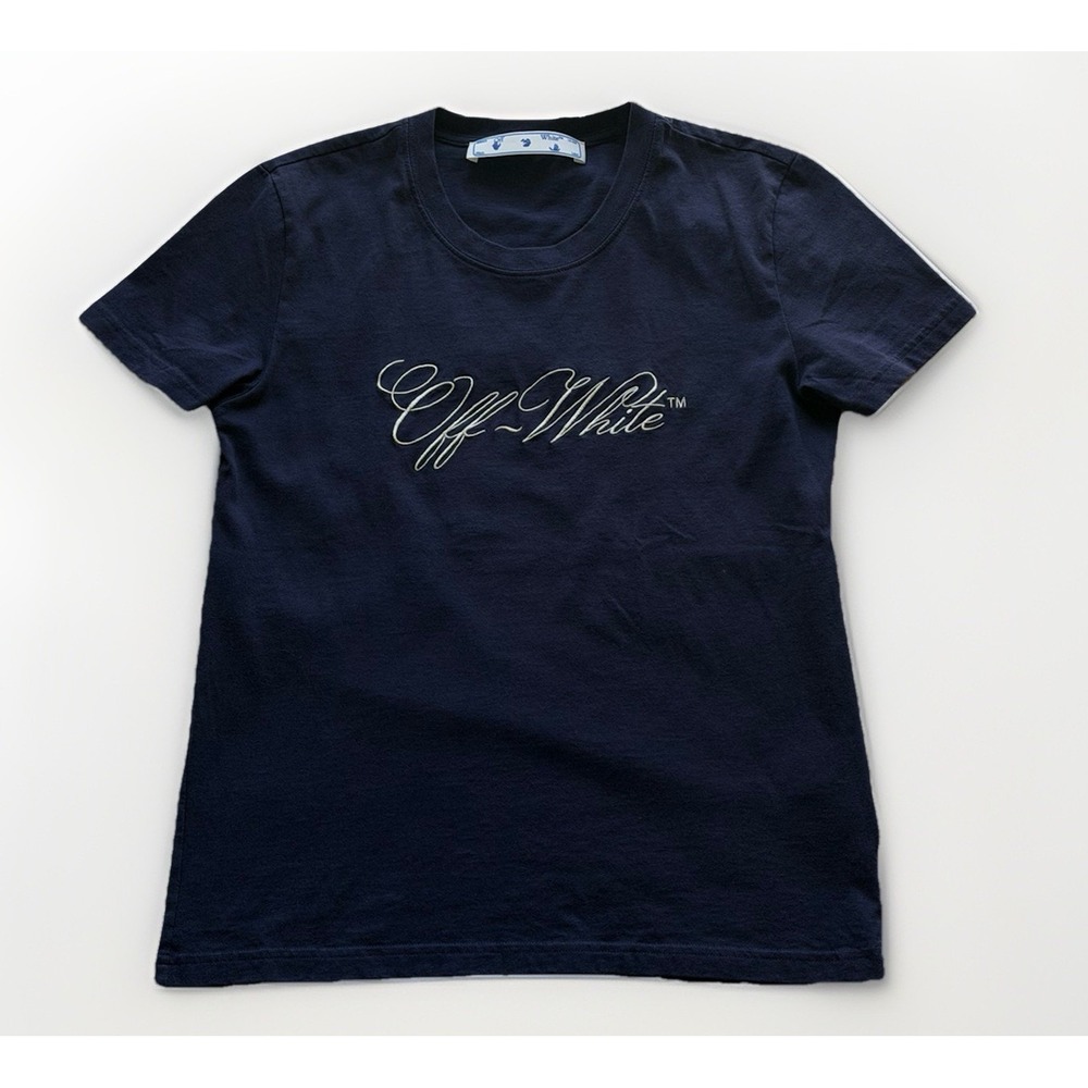 Off-White Virgil Abloh Embroidered Logo Short Sleeve Slim Fit Navy Blue Shirt S